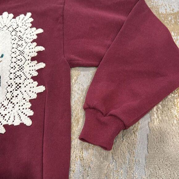 VTG Jerzees sweatshirt Heritage Lace Placemat Folk Art Primitive Houses on front - Picture 5 of 10